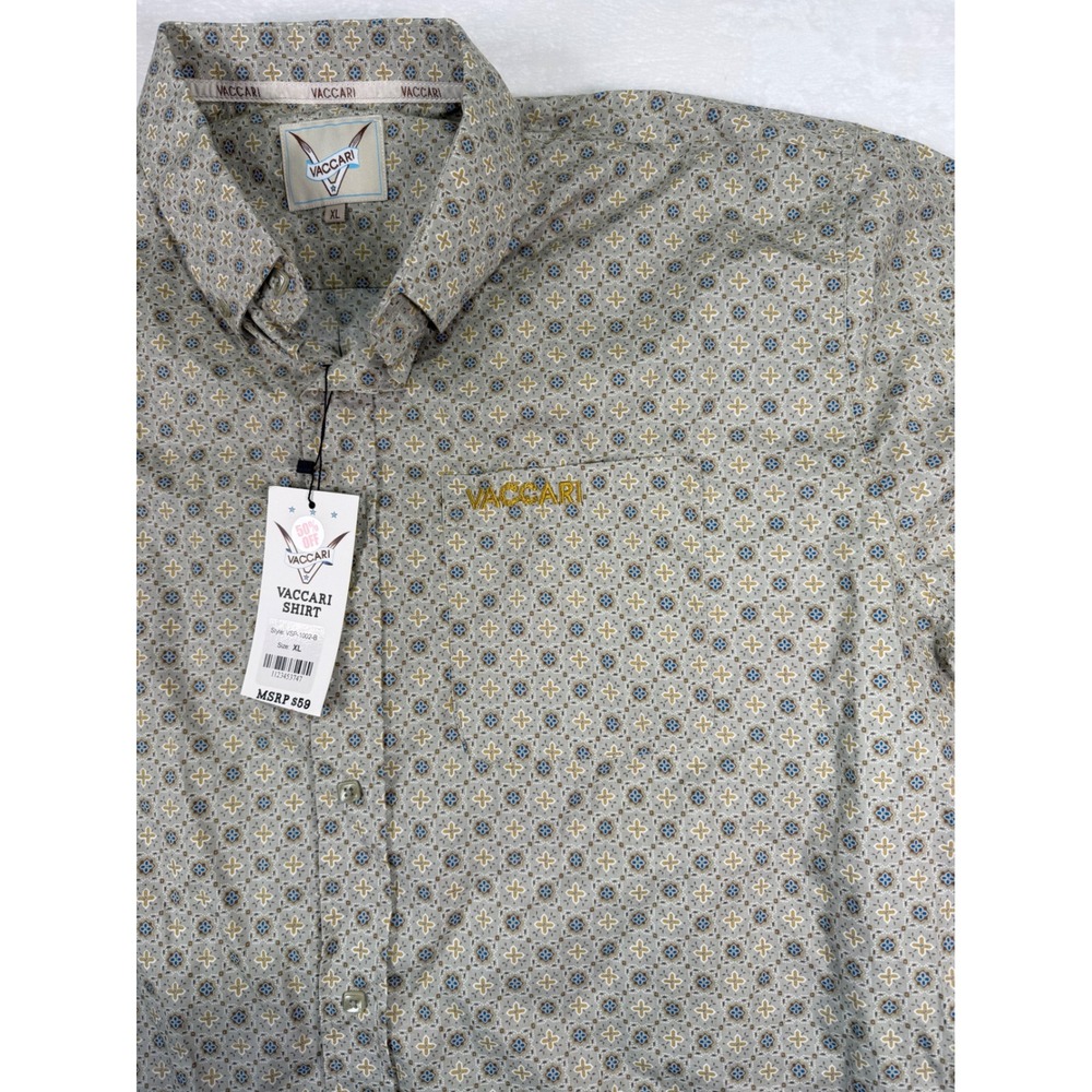 Vaccari Short Sleeve Button Down Shirt XL Tan Geometric Western Mens